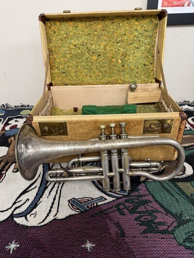 Vintage Cornett Chicago Musical Engraving With Case As Is Untested Antique Brass