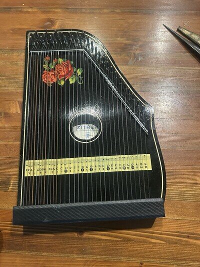 Vintage German Gitarr Zither Floral Black Made In Germany String Instrument