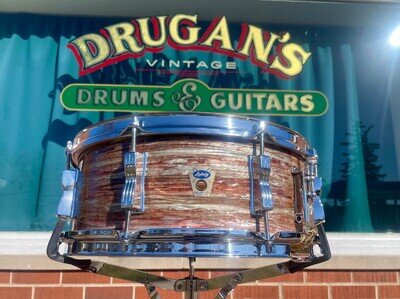 1960 Ludwig No. 908P Jazz Festival 5x14 Snare Drum Oyster Pink Pearl Trans Badge