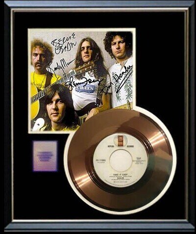 THE EAGLES TAKE IT EASY GOLD RECORD 45 RPM W- PRINTED SIGNED AUTOGRAPHS RARE !