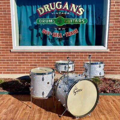 1950s Gretsch 6 ply Round Badge Name Band Outfit Drum Set White Marine Pearl