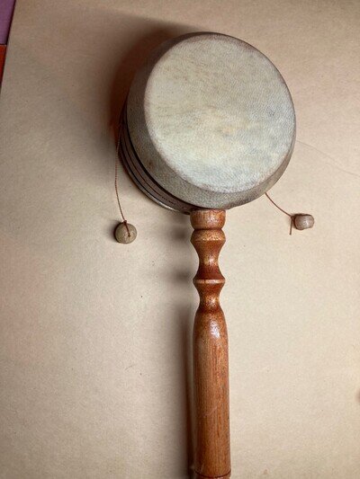 Wooden Monkey Drum Rattle Drum Musical Instrument 8.5 cm diameter, pre-owned