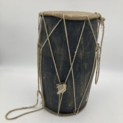 Vintage Handcrafted Black Drum with Rope Tension – Rustic Display Piece