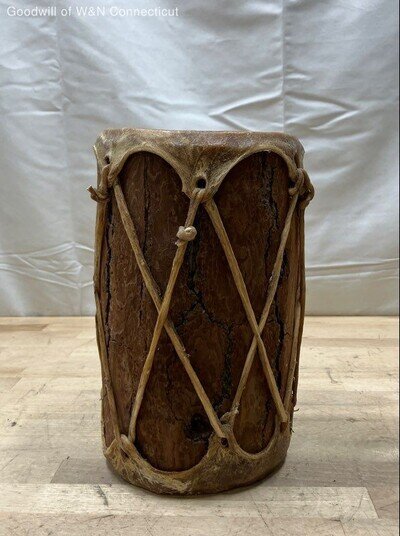 Vintage Mexican Folk Art Rawhide Log Drum Wood Percussion Instrument 9.5" Tall
