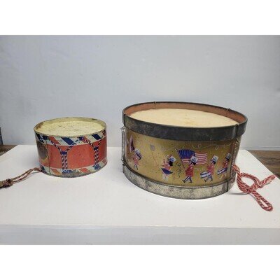 Vtg 2 Tin Toy Drum Set Patriotic Marching Band Americana Theme