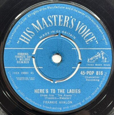 Frankie Avalon Here’s To The Ladies 1960 HMV 45rpm 7” Single