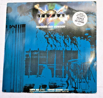 TESLA "MODERN DAY COWBOY (LIVE)" 12" SINGLE 1987 W/ HYPE STICKER