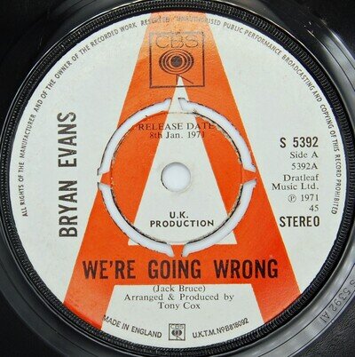 BRYAN EVANS 'We're Going Wrong' (Cream/Jack Bruce). A-Label Promo 1971. VG+