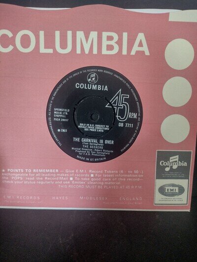 THE SEEKERS "THE CARNIVAL IS OVER" 1965 COLUMBIA RECORDS VINYL 45
