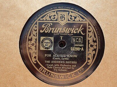 ANDREWS SISTERS - For All We Know / Chattanooga Choo Choo 78 rpm disc (A+)
