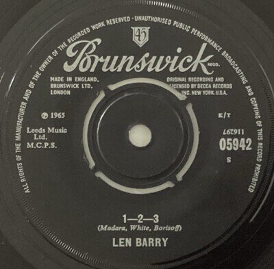 LEN BARRY 1-2-3 BULLSEYE - BRUNSWICK RECORDS 05942 - 1965 - 7” SINGLE