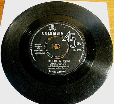 Richard Anthony - Too Late To Worry - Rare 1st Pressing - 7" Vinyl - Good+!