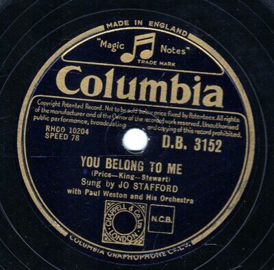 1953 UK #1 JO STAFFORD 78 YOU BELONG TO ME / PRETTY BOY COLUMBIA DB 3152 E-/V+