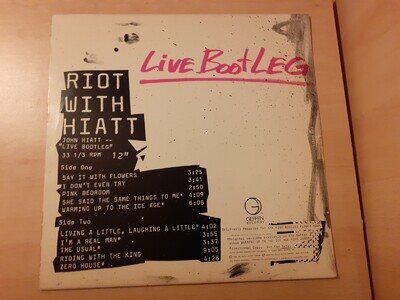 John Hiatt – Riot With Hiatt --"Live Bootleg" - 1985 - US - Import 12" Vinyl LP