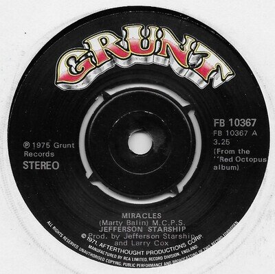 Jefferson Starship - Miracles / Al Garimasu (There Is Love) 7" Vinyl 45 - VG+/VG