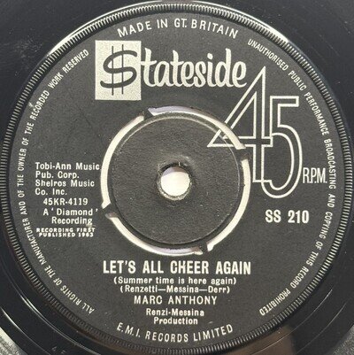 Marc Anthony Lets All Cheer Again Stateside 45rpm 7” Single 1963