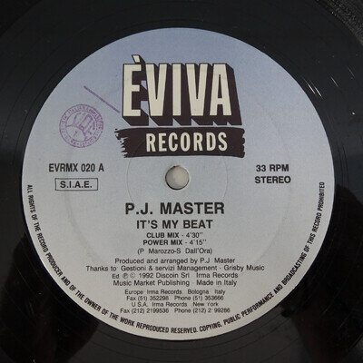 P.J. Master – It's My Beat EVRMX 020 Eviva Italy 12" VG+