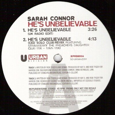 Sarah Connor - He's Unbelievable (12", Promo)