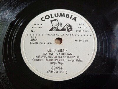 Sarah Vaughan: Out O' Breath / After Hours 10" 78RPM 1951 1st US Vinyl 39494