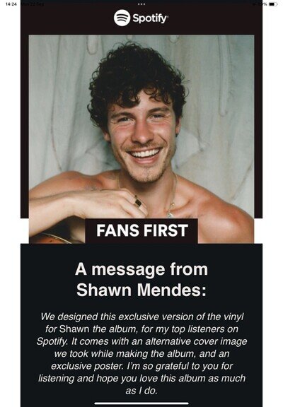 Shawn Mendes LP. Shawn Spotify Fans First Swirl Vinyl. Exclusive Cover + Poster
