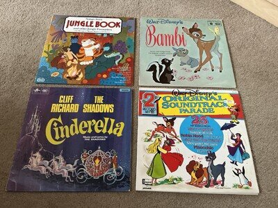 Walt Disney 4 Vinyl Records Excellent Condition Cinderella, Bambi, Jungle Book