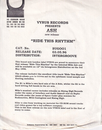 TECHNO -- VYRUS PRESENTS ASH -- INFECTIOUS TECHNO --UK 12