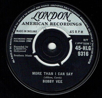 Bobby Vee - More Than I Can Say/Stayin' In HLG9316 EX Hear It!