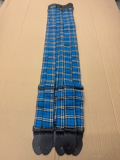 Blue Tartan Fabric Webbing Guitar Straps JOB LOT OF 7 Genuine leather Ends
