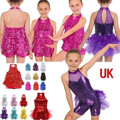 UK Girls Sequins Ballet Dance Leotard Dress Shiny Jazz Latin Stage Dancewear