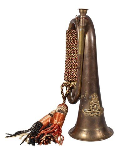 Vintage Brass Military Royal Artillery Bugle with Mouthpiece, Cord and Tassels