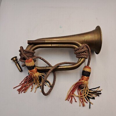 Vintage Brass Military Bugle Horn With Mouthpiece Cord Tassels Display Band
