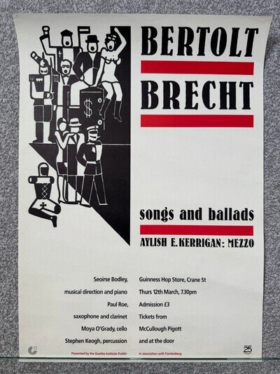 1987 Bertolt Brecht 'Songs and Ballads' by Aylish Kerrigan concert poster Dublin
