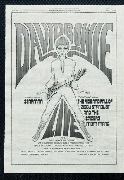 Original 1972 David Bowie Ziggy Stardust UK Tour LP Starman Poster Size Ad