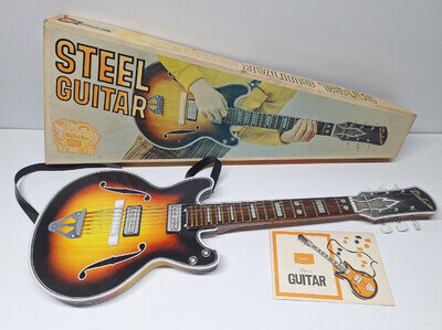 Vintage Sears Tin Toy Steel Guitar w Original Box Deluxe Japan Made Sunburst 60s