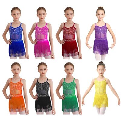 UK Girls Lyrical Dance Dress Latin Jazz Dancewear Tassel Ballet Dance Leotard