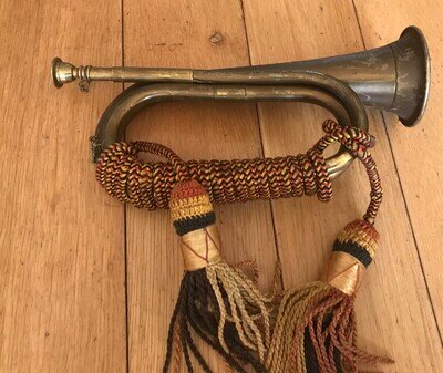 Vintage Brass Military Bugle- Mouthpiece and Tassels 11in Long (Box above cage)