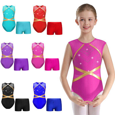 UK Kids Girls Gymnastics Leotard Dance Leotard+Shorts Sparkle Ballet Dancewear