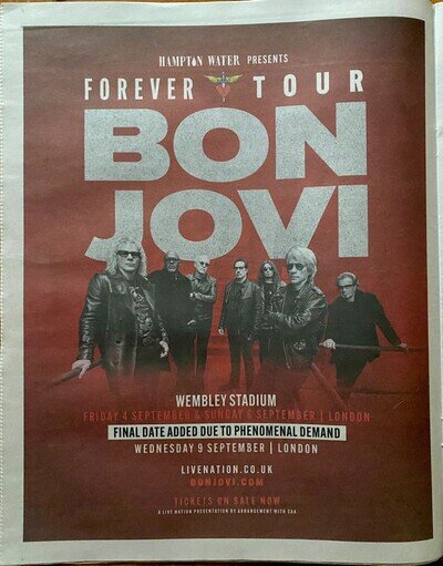 Bon Jovi Live Tour Dates 2026 London Wembley Newspap Advert Poster 14x11 ROLLED