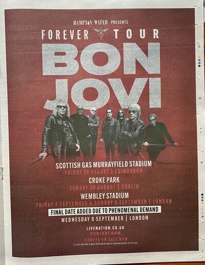 Bon Jovi Live Extra Tour Dates 2026 Ad Newspaper Advert Poster 14x11 ROLLED TUBE