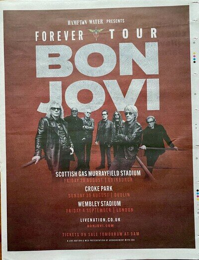 Bon Jovi Live Forever Tour Dates 2026 Ad Newspaper Advert Poster 14x11 - ROLLED