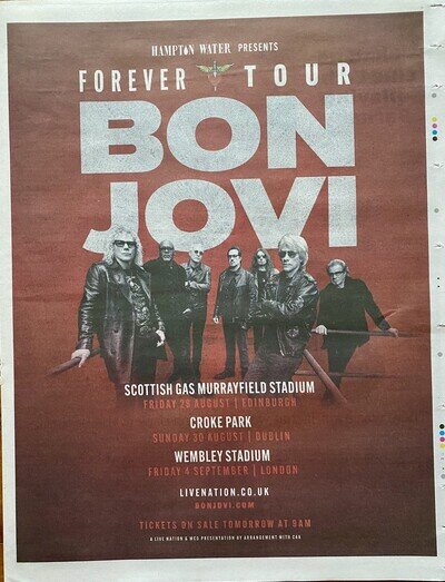 Bon Jovi Live Forever Tour Dates 2026 Advert Newspaper Ad Poster 14x11” Large