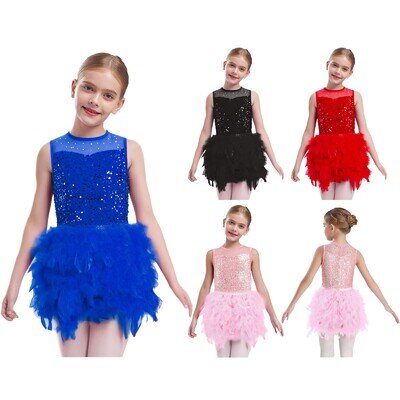 Girls Jazz Latin Ballerina Costume Feather Skirt Ballet Leotards Dress Dancewear