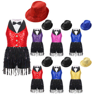 Kids Girls Sleeveless Tassel Latin Jazz Leotard Dance Dress with Hat Dancewear