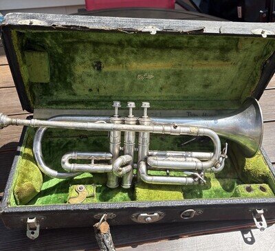 1923 Frank Holton-Clarke Bb Cornet Elkhorn WI Silver Plate Serial 60786 + Case