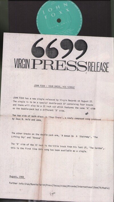 JOHN FOXX YOUR DRESS 7" VINYL 2 track promo 7" with folded A4 press release (VDJ
