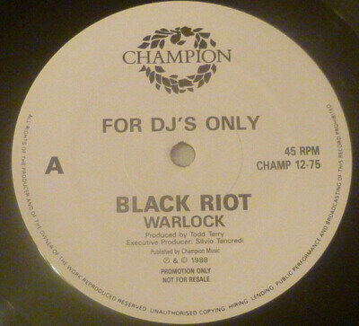 BLACK RIOT - WARLOCK 12" VINYL SINGLE RECORD 1988 HOUSE DJ PROMO TODD TERRY
