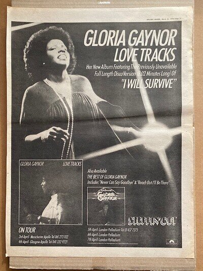 GLORIA GAYNOR I WILL SURVIVE / LOVE TRACKS POSTER SIZED original music press adv