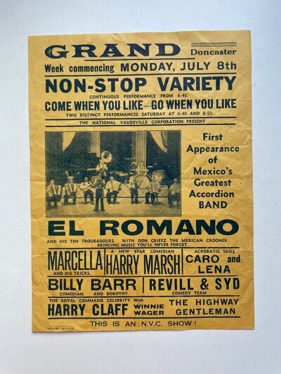 Vintage rare 1920-30s Doncaster Grand Theatre poster - Harry Claff, Revill & Syd