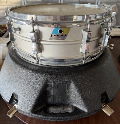 Vintage Ludwig Acrolite LM404 5x14 Aluminum Snare Drum Blue Olive Badge Case