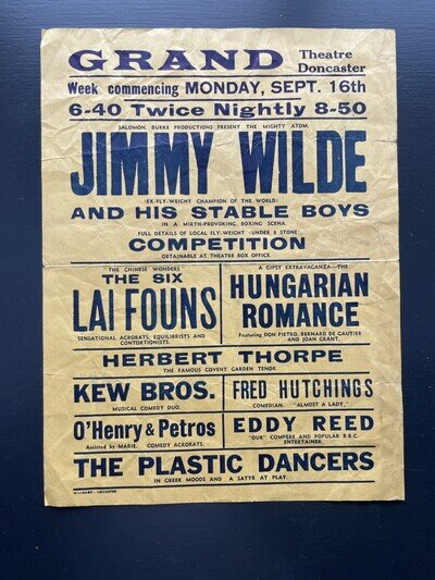 Vintage rare 1930s-1940s Doncaster Grand Theatre poster - ex boxer Jimmy Wilde